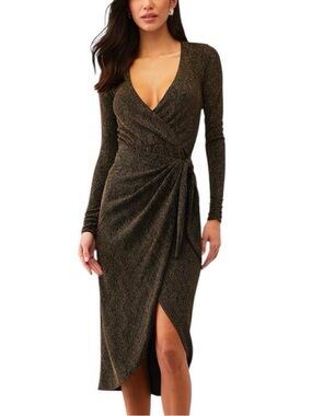 Show Me Your MuMu Bronze Metallic Wrap Midi Dress